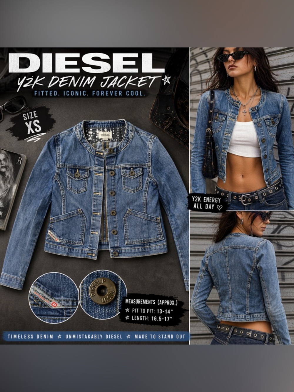Diesel Denim Jacket XS Fitted Cropped Jean Jacket Medium Wash